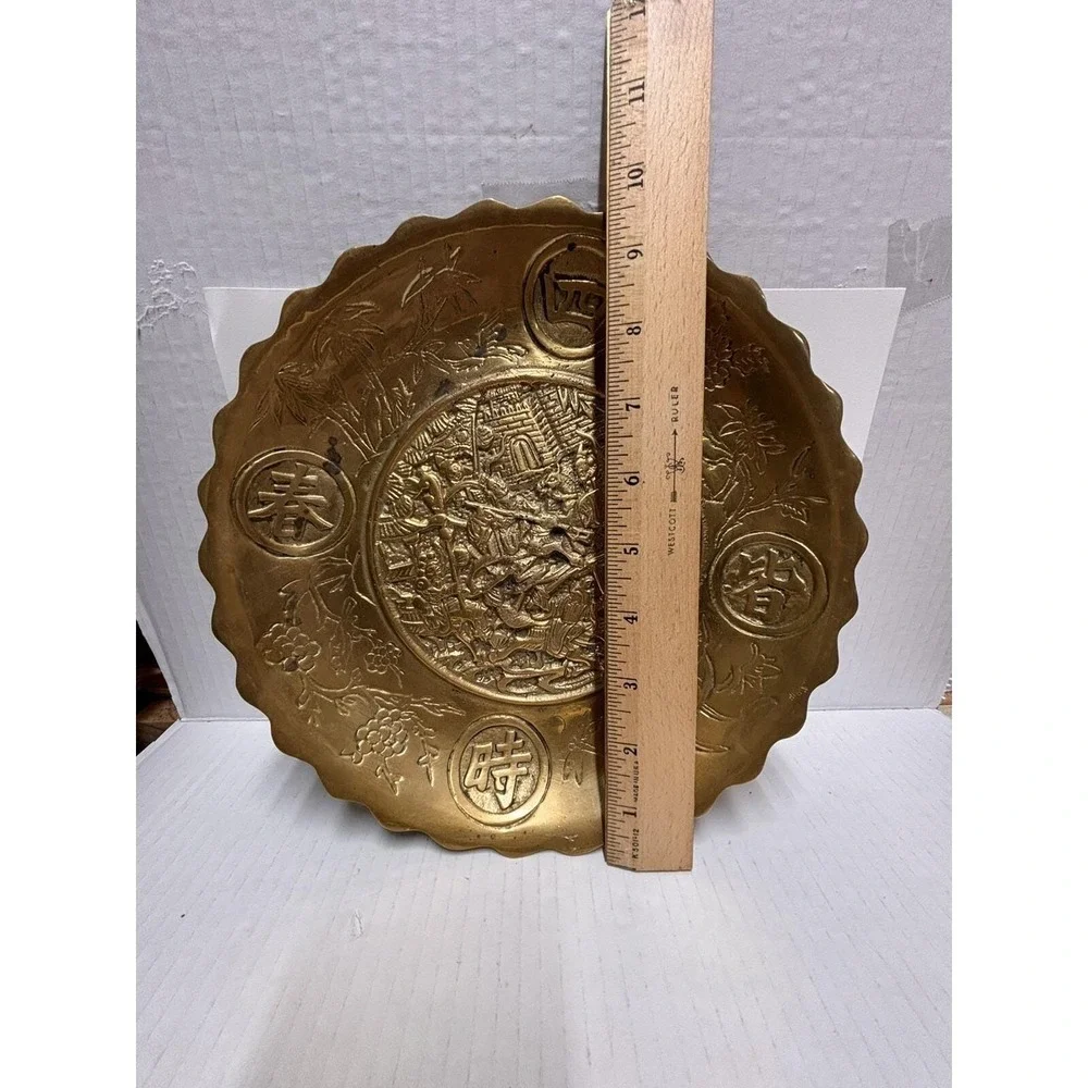 Plate Tray Hand Engraved Etched Decor Brass Scalloped Edge Vintage Chinese Heavy